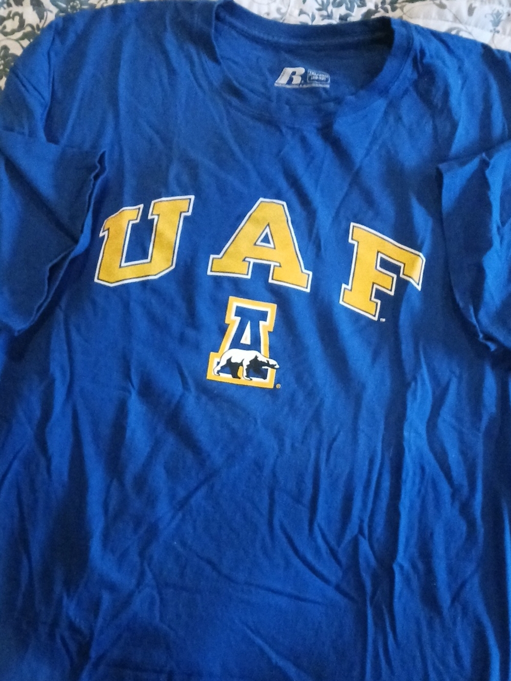 Russell Athletic Blue UAF Logo Short Sleeve Tee with Yellow Lettering